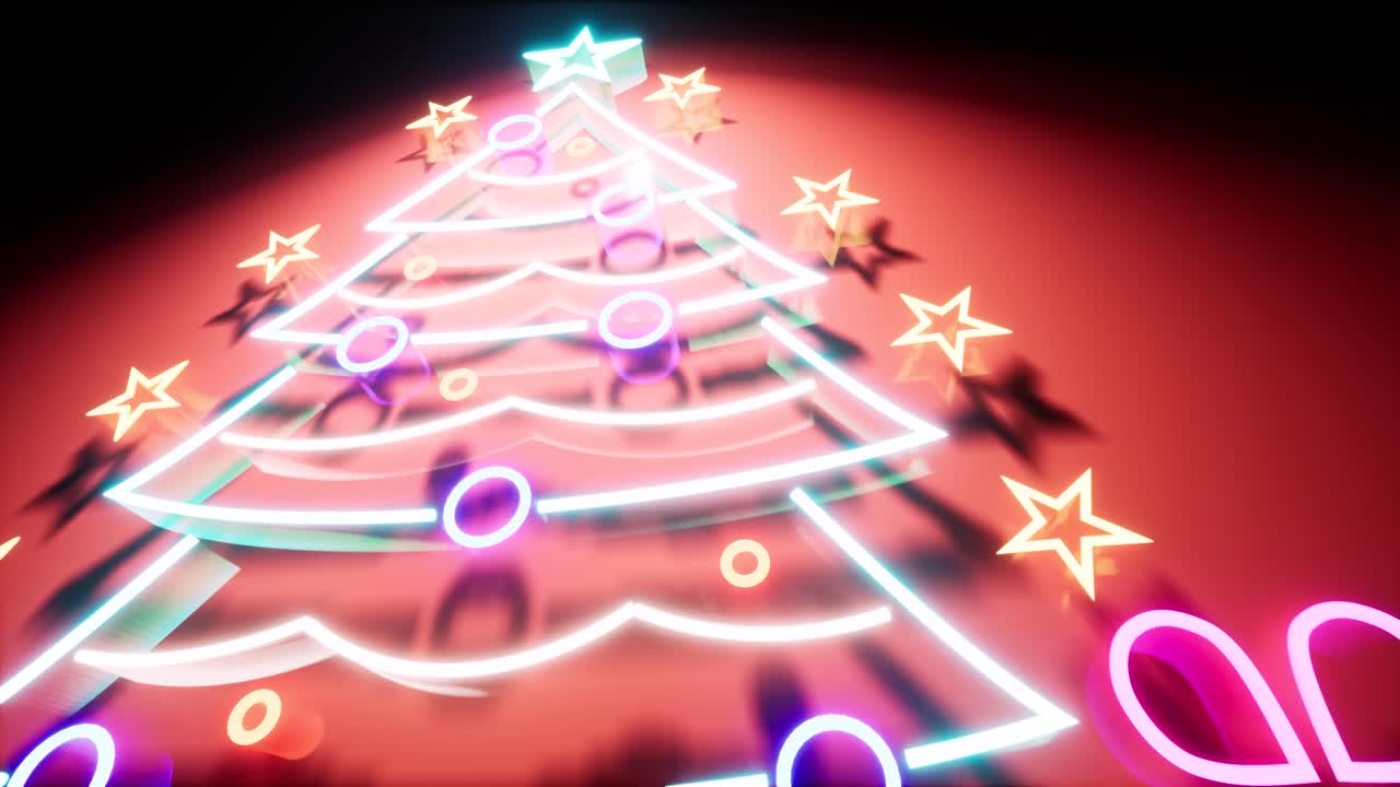 letrero de neón de ventas de navidad con árbol de navidad de neón, bolas de adorno y regalos, con luces de neón de colores que cambian de color, zoom de cámara de animación 3d debajo