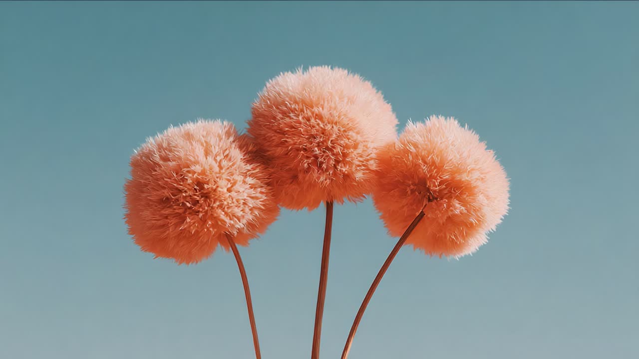 Three Vibrant, Fluffy Orange Spheres Against a Clear Sky: A Visual Delight of Texture and Color in Nature's Palette
