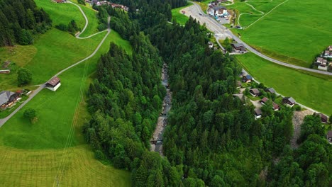 aerial view of a village in the swiss alps covered in lush green landscape and tall pine trees, alongside a road lined with homes