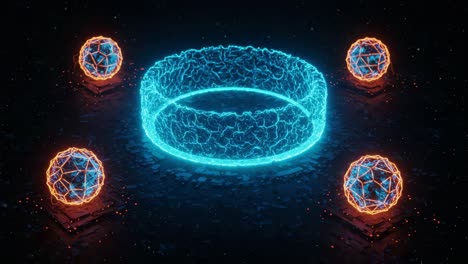 a vibrant display of energy: dynamic circular structure surrounded by luminous spheres in a darkened digital environment