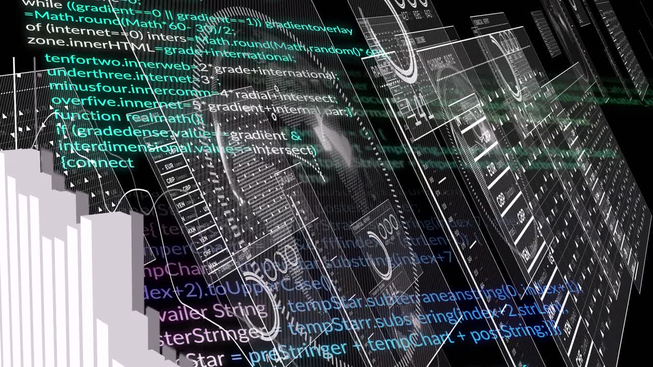 Animation of financial data processing on screens over black background