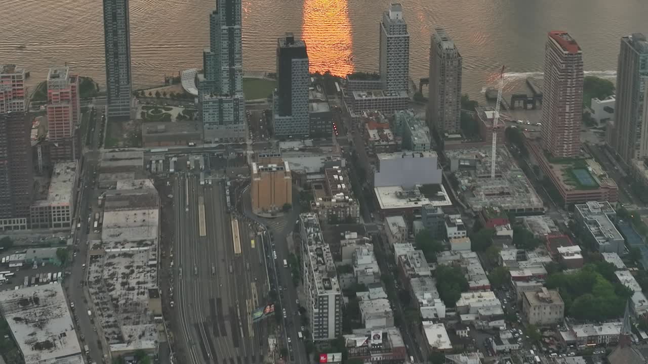Aerial view of New York's urban landscape during golden hour