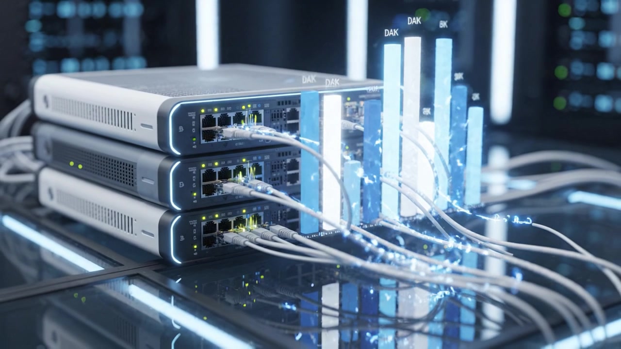 Advanced Network Switches with Data Cables and Visual Indicators in a Modern Server Room Environment Featuring Optimized Connectivity and Performance Metrics