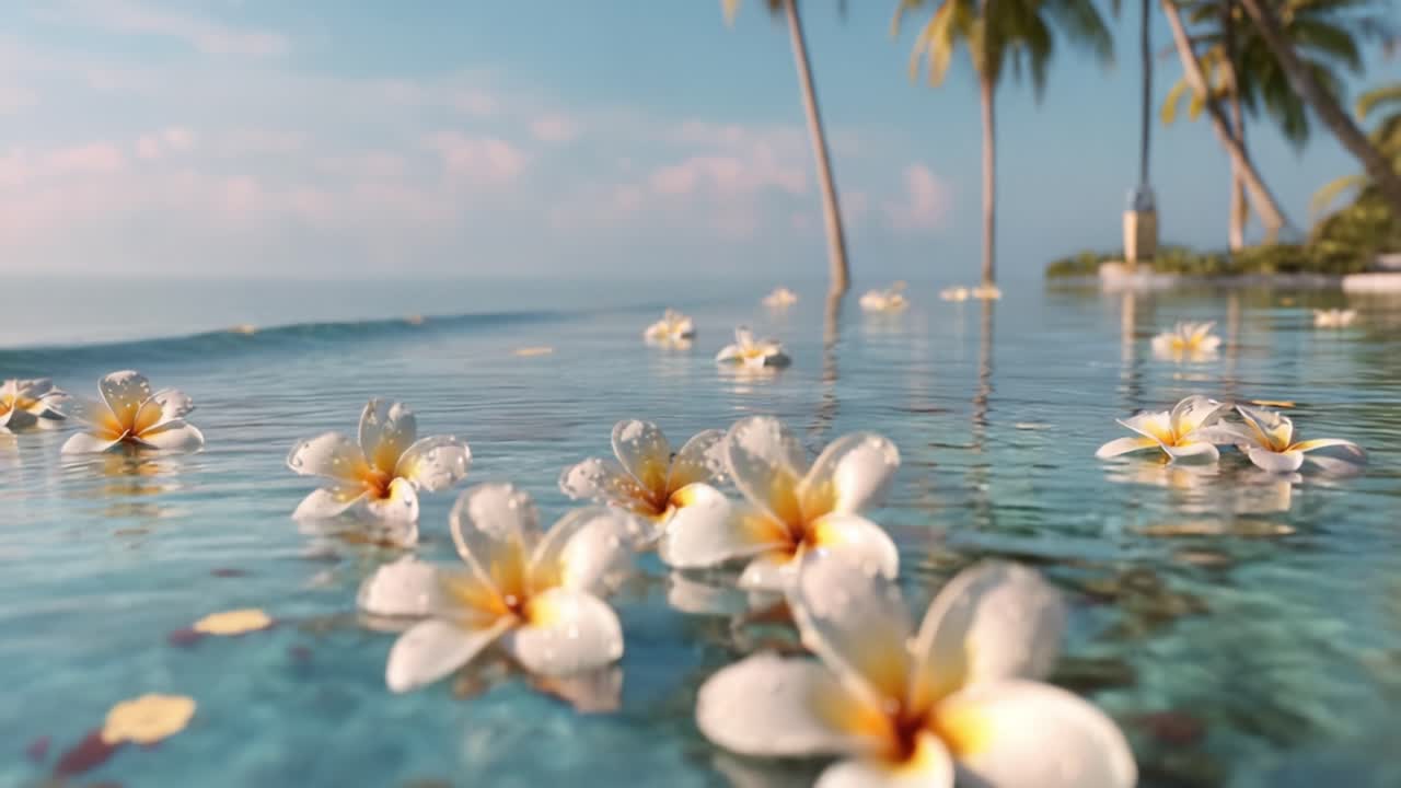 Paradiso Tropicale Incantevole: Vivaci Fiori di Plumeria Galleggianti Adornano una Piscina a Sfioro Cristallina con Lussureggianti Palme Contro uno Sfondo Oceanico Sereno