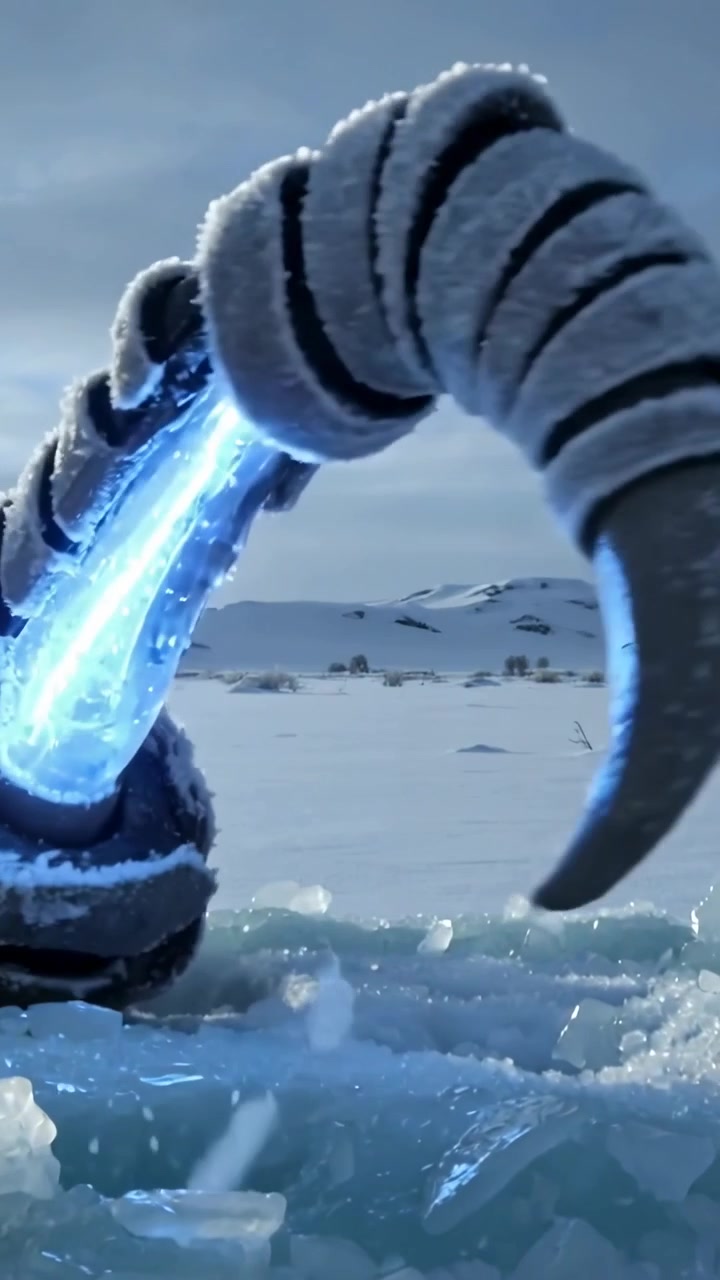 Vertical video: Pushing segmented limb coated in frost across frozen plain after pulsing blue core