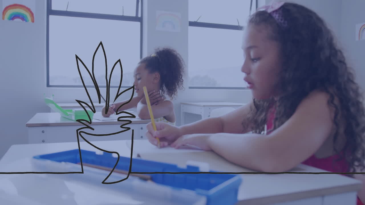 In school, children drawing at desks with plant animation overlay in classroom