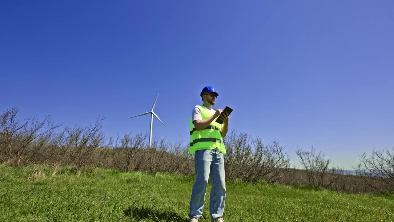 Ingeniero de aerogeneradores revisa datos mientras está de pie en un campo bajo un cielo azul con una turbina eólica de fondo durante el día.