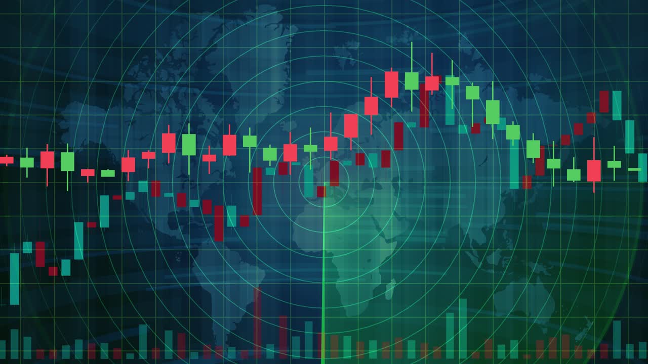 Grafici finanziari a candele scorrevoli su un raggio radar di scansione, monitoraggio dei dati di trading dell'economia globale, interfaccia di analisi di mercato in tempo reale, monitoraggio della volatilità della borsa