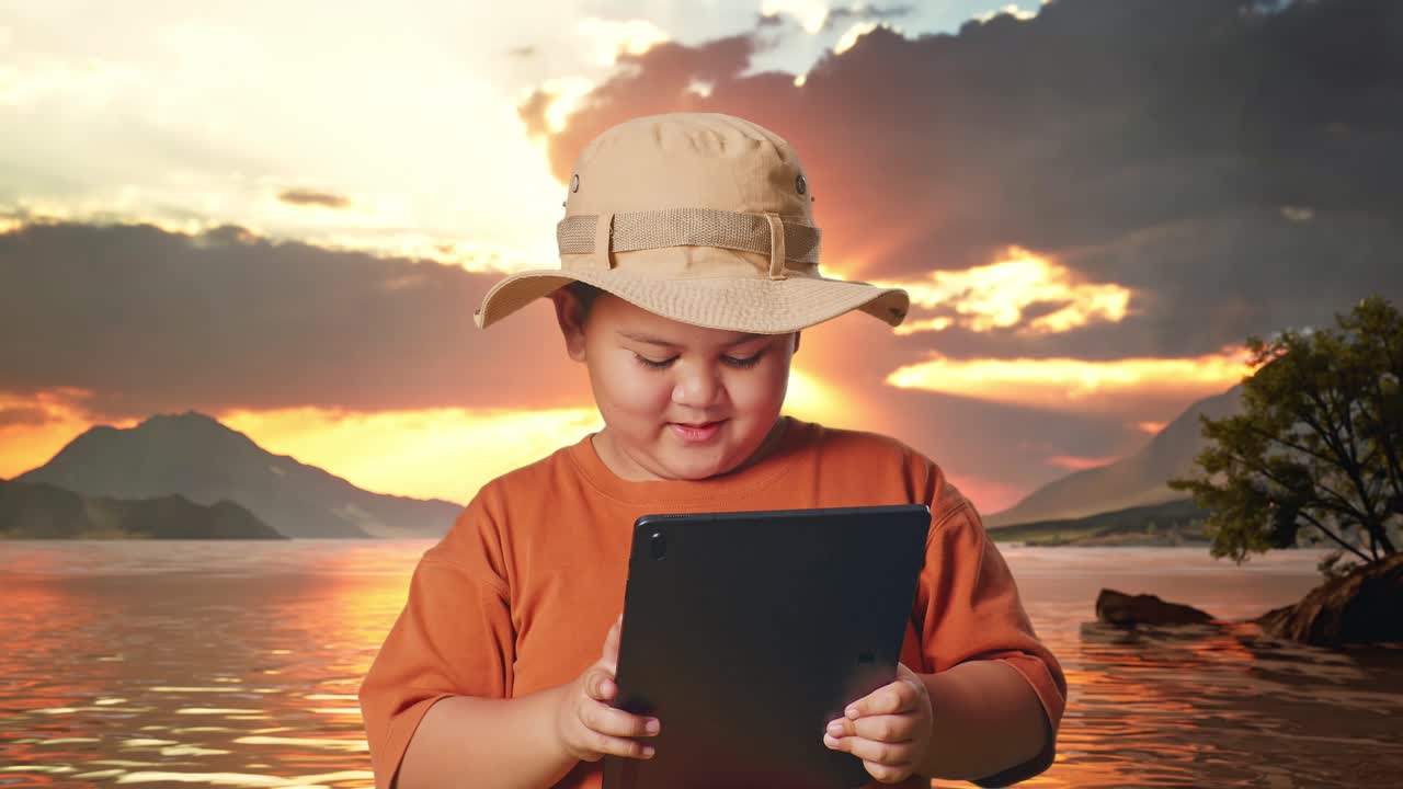 Asian Boy With A Hat Using A Tablet And Smiling At A Lake. Boy Researcher Examines Something, Travel Tourism Adventure Concept, Close Up