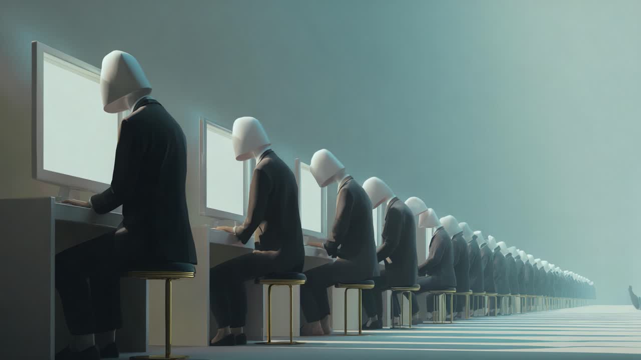 A Disturbing Exploration of Digital Isolation Depicting Numerous Identical Figures Engaged with Computer Screens in a Minimalistic Environment