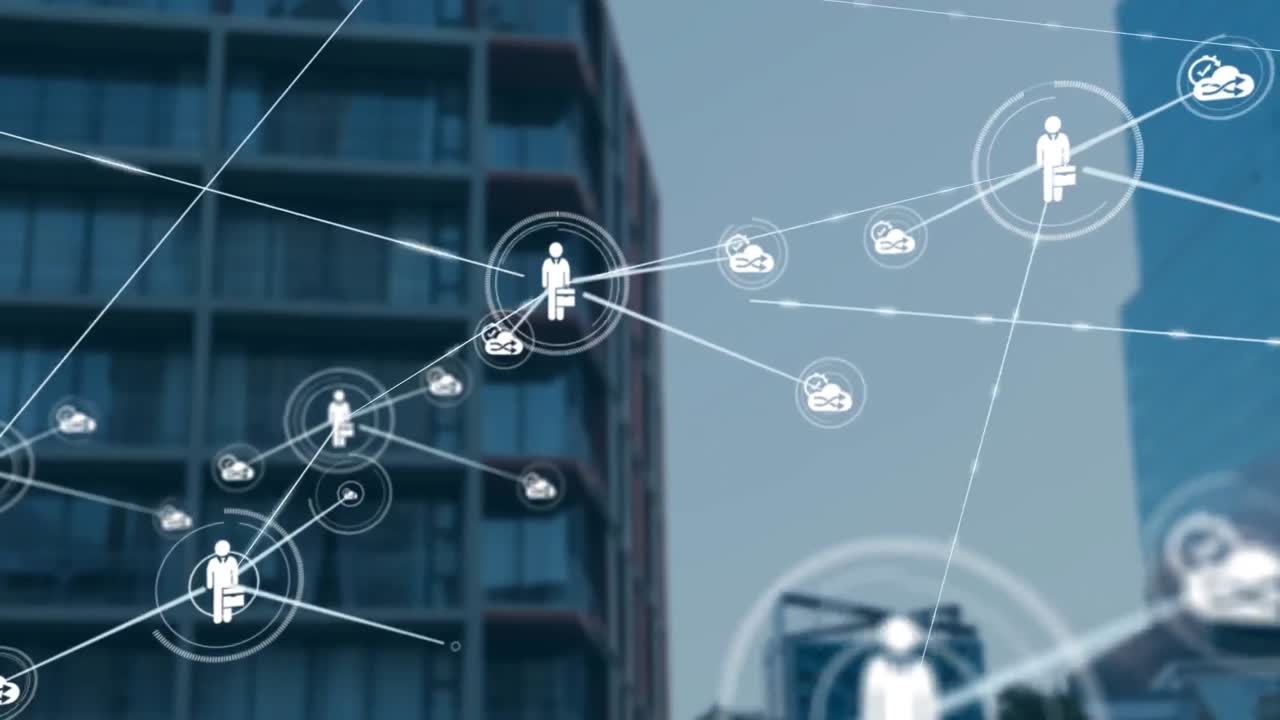 Animation of network of connections with icons over cityscape