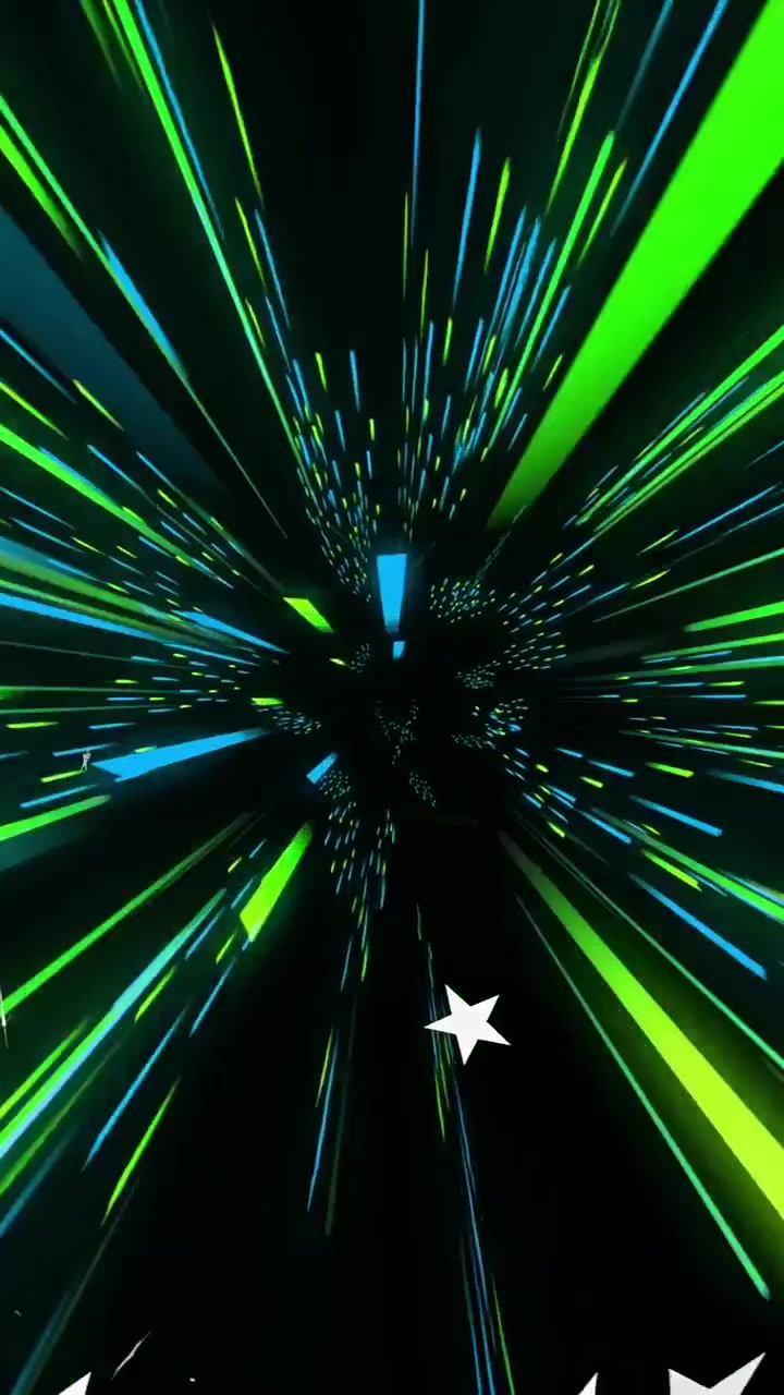 Video verticale: Vuoto centrale, vortice nero che attira linee al neon, punti e stelle verso l'interno, aggiungendo profondità.