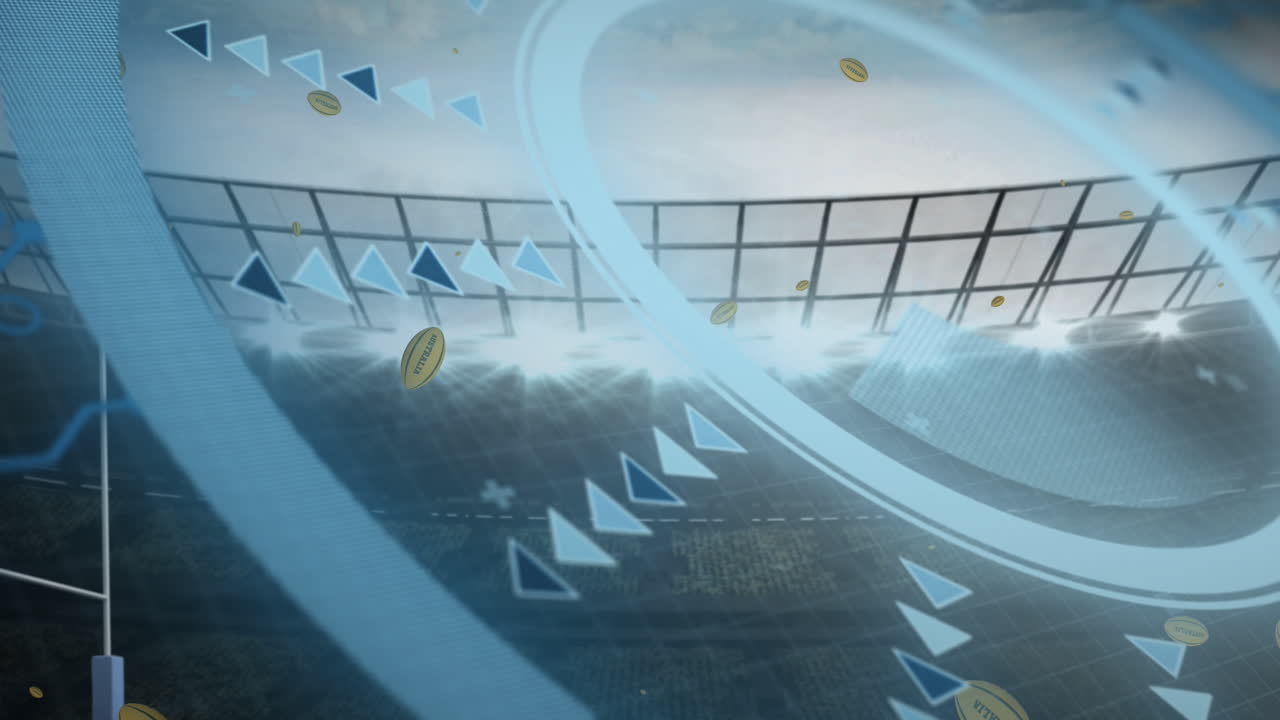 스포츠 스타디움에 떨어지는 여러 럭비 공의 인쇄