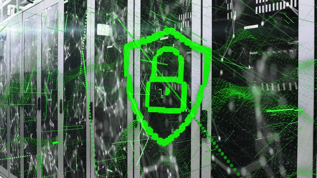 animación de un candado con puntos conectados y patrones abstractos a través de sistemas de servidor de datos