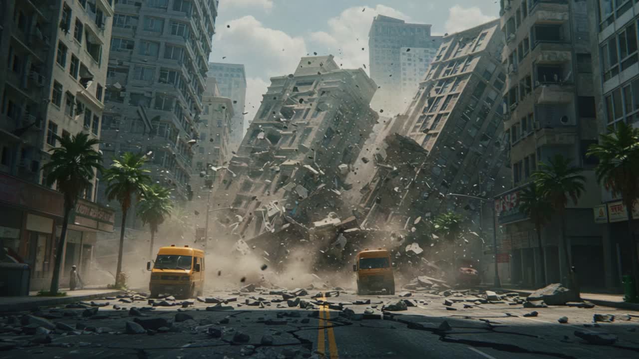 A catastrophic scene unfolds as towering buildings collapse under the force of an earthquake, leaving a debris-strewn urban landscape with yellow trucks in a devastated city