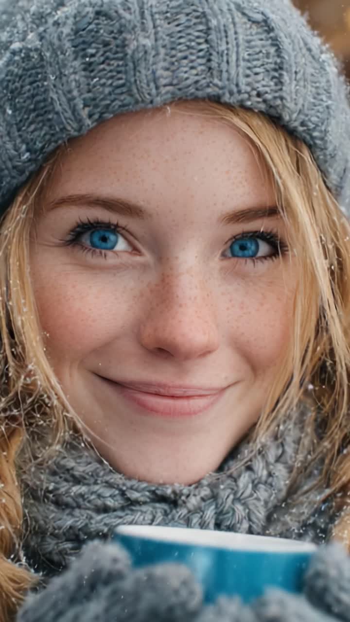 Una giovane donna con splendidi occhi azzurri sorride allegramente mentre tiene in mano una bevanda calda, in un'accogliente atmosfera invernale con uno sfondo innevato