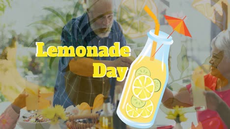 animación del texto del día de la limonada y el icono de la limonada sobre la familia caucásica bebiendo limonada