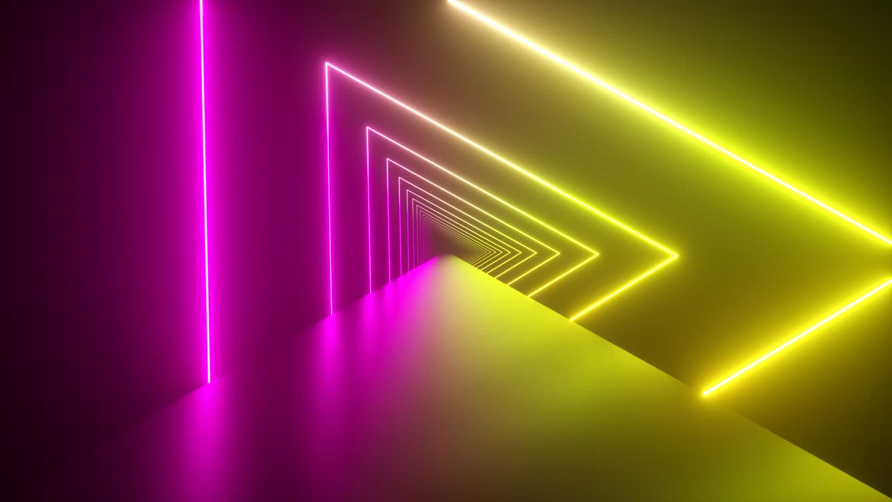 volando a través de triángulos de neón giratorios brillantes creando un túnel, espectro azul rojo rosa violeta, luz ultravioleta fluorescente, iluminación moderna de colores, animación en bucle 4k
