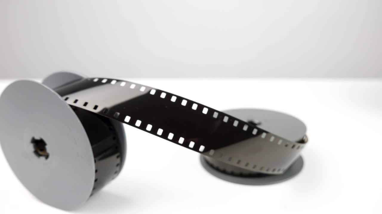 흰색 테이블에 있는 8mm 빈티지 카메라 롤, 느린 푸시