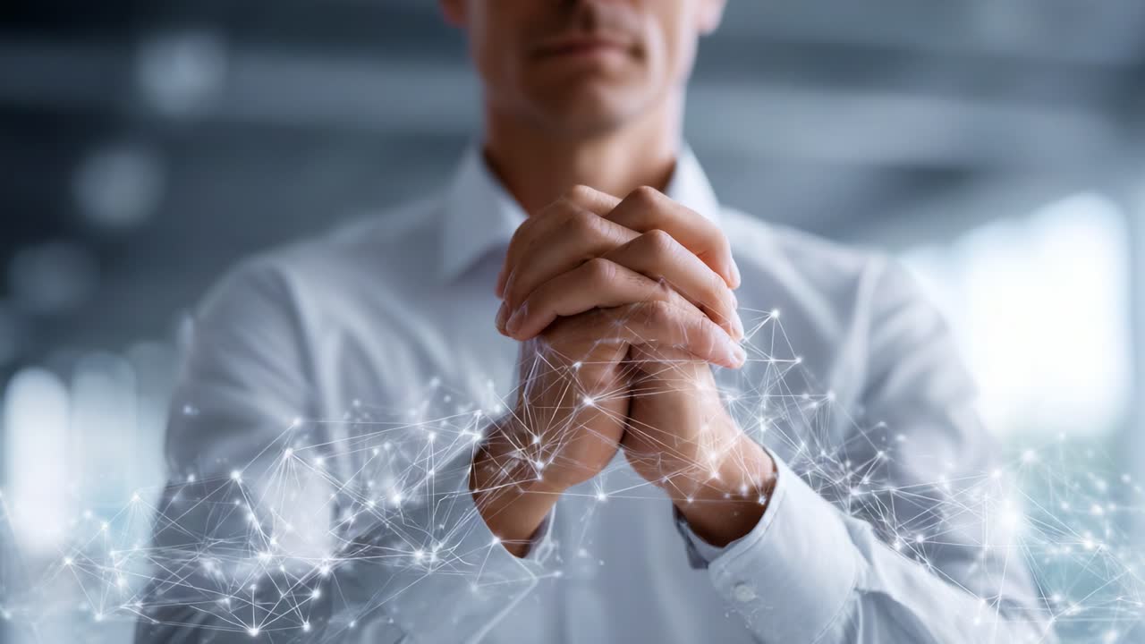 A Business Professional Contemplating Innovation in Technology Amidst a Digital Network, Representing the Future of Connectivity and Collaboration in the Workplace