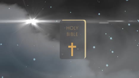 Animation-of-christian-cross-and-holy-bible-over-snow-falling-and-grey-clouds