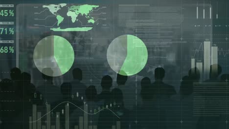 statistical data processing against group of businesspeople watching cityscape from office window