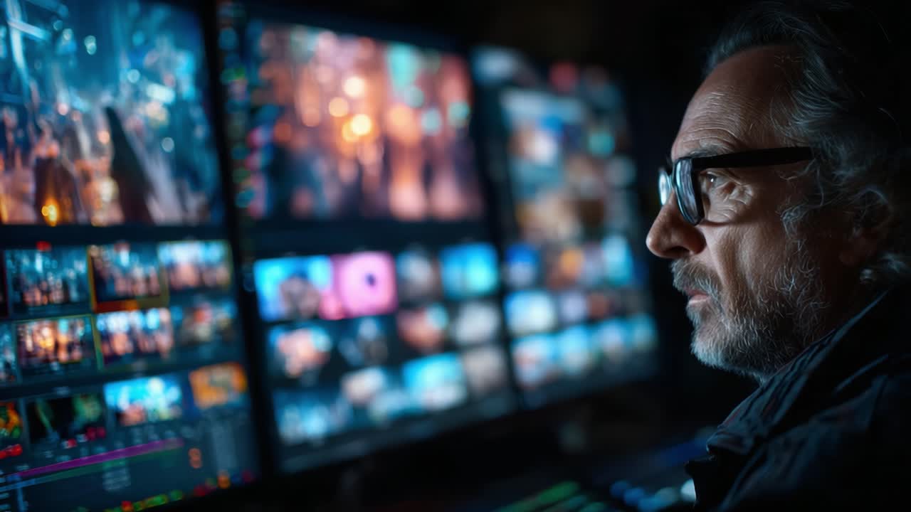 Un individuo contemplativo si concentra intensamente su diversi schermi che mostrano immagini vivaci, mettendo in evidenza l'arte dello storytelling digitale e delle esperienze immersive