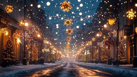 christmas street scene with lights and snow