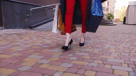 steadicam shot elegante mujer con bolsas de compras caminando por la acera en la imagen se puede ver o