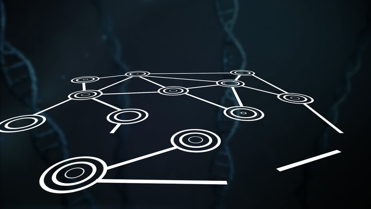 Animation of connecting dots over dna structures against grey background