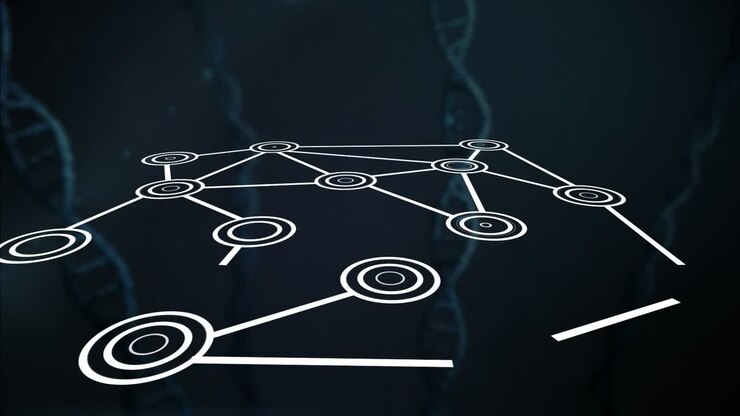 Animation of connecting dots over dna structures against grey background