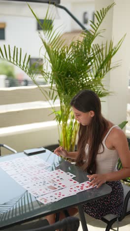 adolescente jugando a las cartas al aire libre
