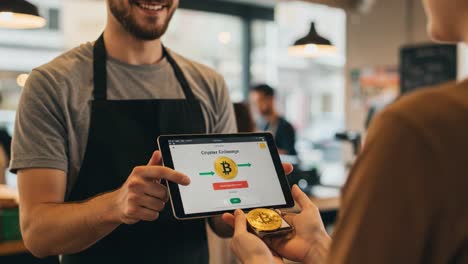 a friendly transaction: exploring a cryptocurrency exchange in a modern café setting with engaged customers, digital devices, and the growing trend of digital currency usage