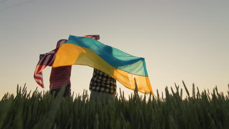 young couple with usa and ukraine flags in wheat field. low angle view