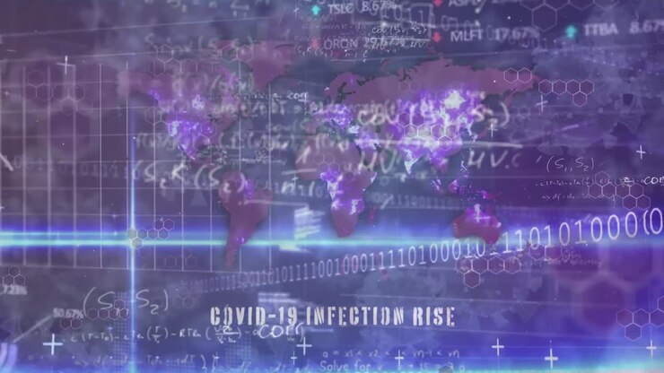 Animation of data processing over violet world map and covid infection rise