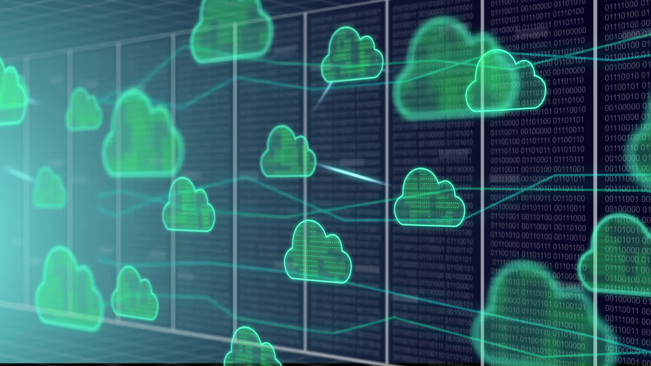 Animation of data processing over server room and cloud icons