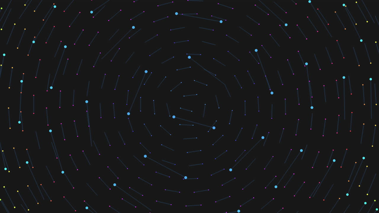 Dynamic footage of colorful particles and lines moving in a swirling abstract pattern on a dark background, ideal as a modern tech, data or futuristic motion background for presentations