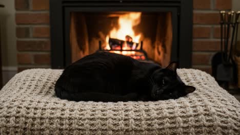 black cat sleeping cozily by a fireplace