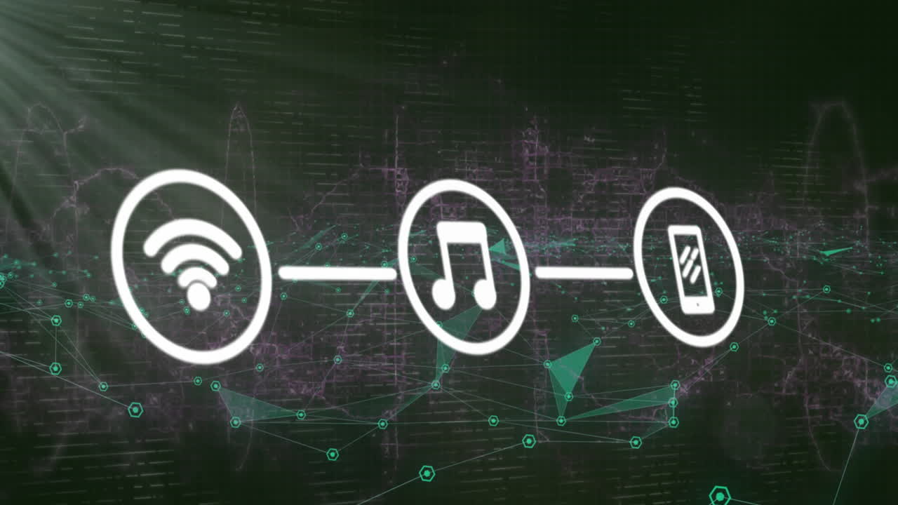 animación de puntos de luz y red de iconos digitales contra ondas digitales y redes de plexo.