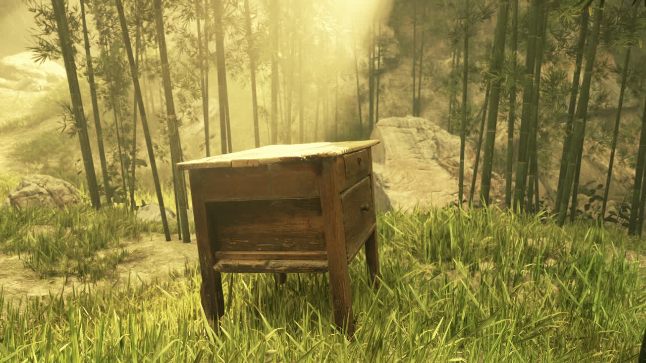 나무 테이블이 대나무 숲에 앉아 있으며, 빛과 안개로 목욕하고 있습니다.