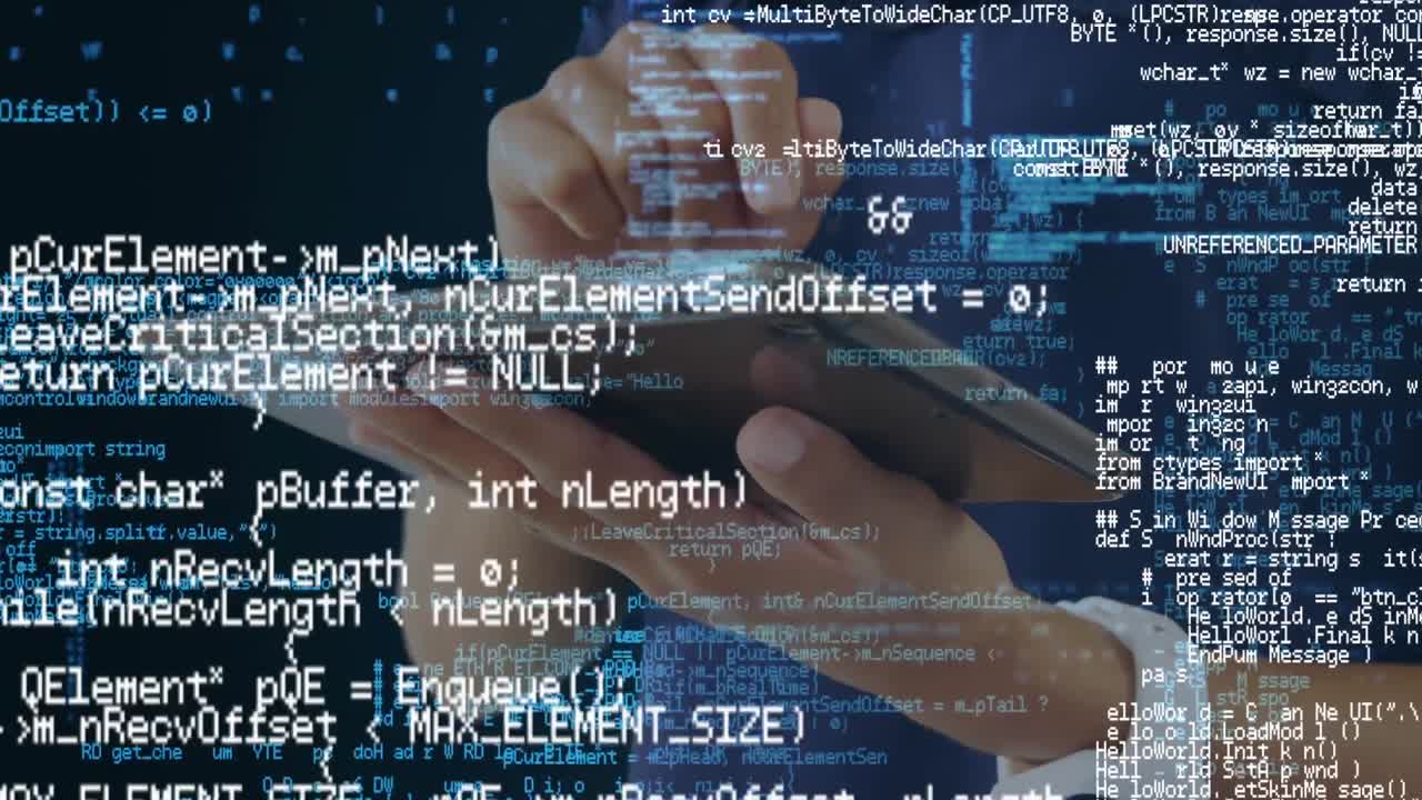 Animation of data processing over businesswoman touching tablet screen