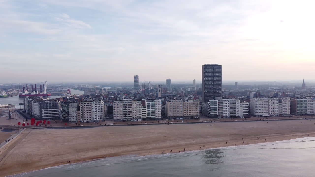 Ostend City by the North Sea, Belgium, Aerial Pullback Above the Beach