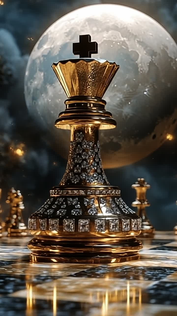 Chess match under a dramatic moonlight. A moonlit chessboard with ornate pieces awaits a night battle beneath the stars.