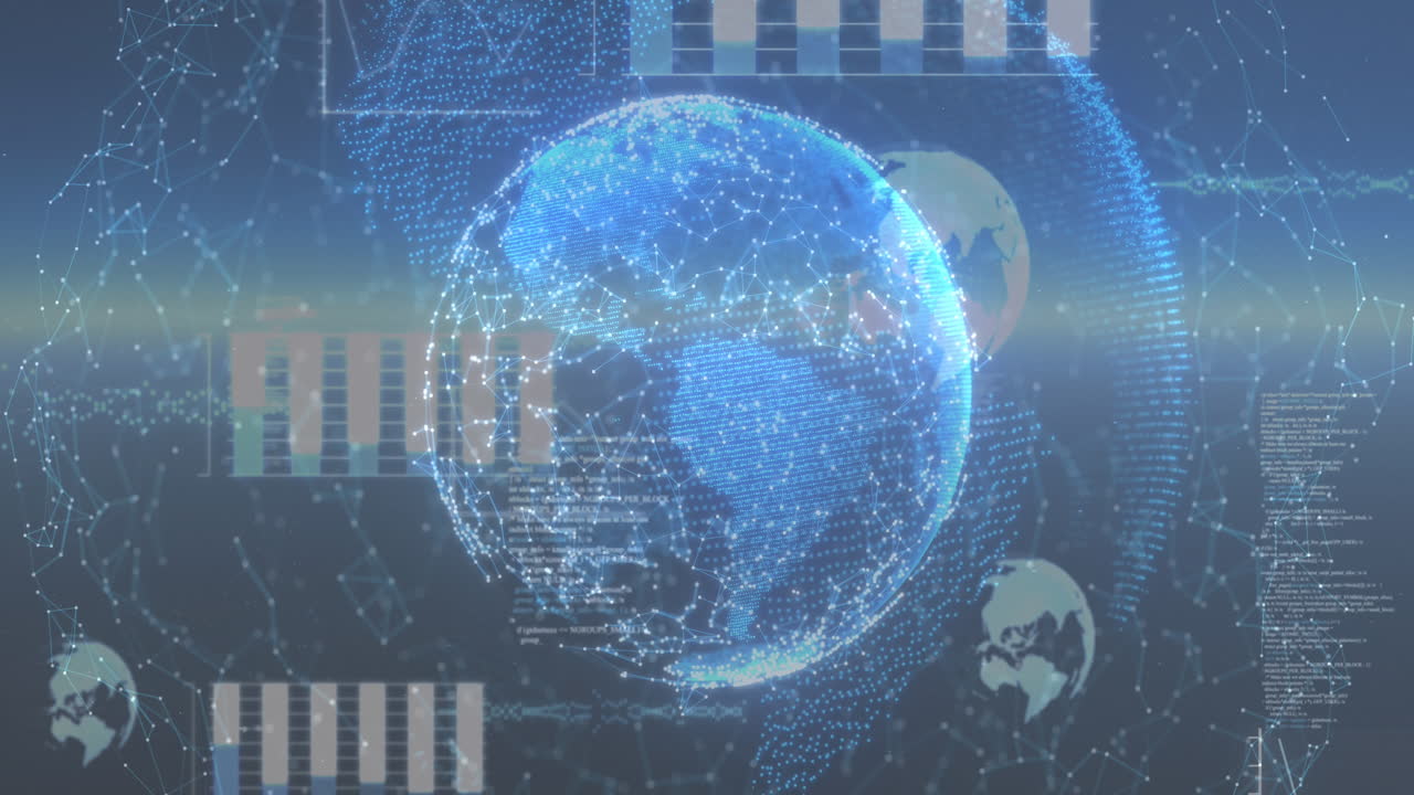 파란색 배경에 연결 네트워크와 함께 지구 행성의 애니메이션