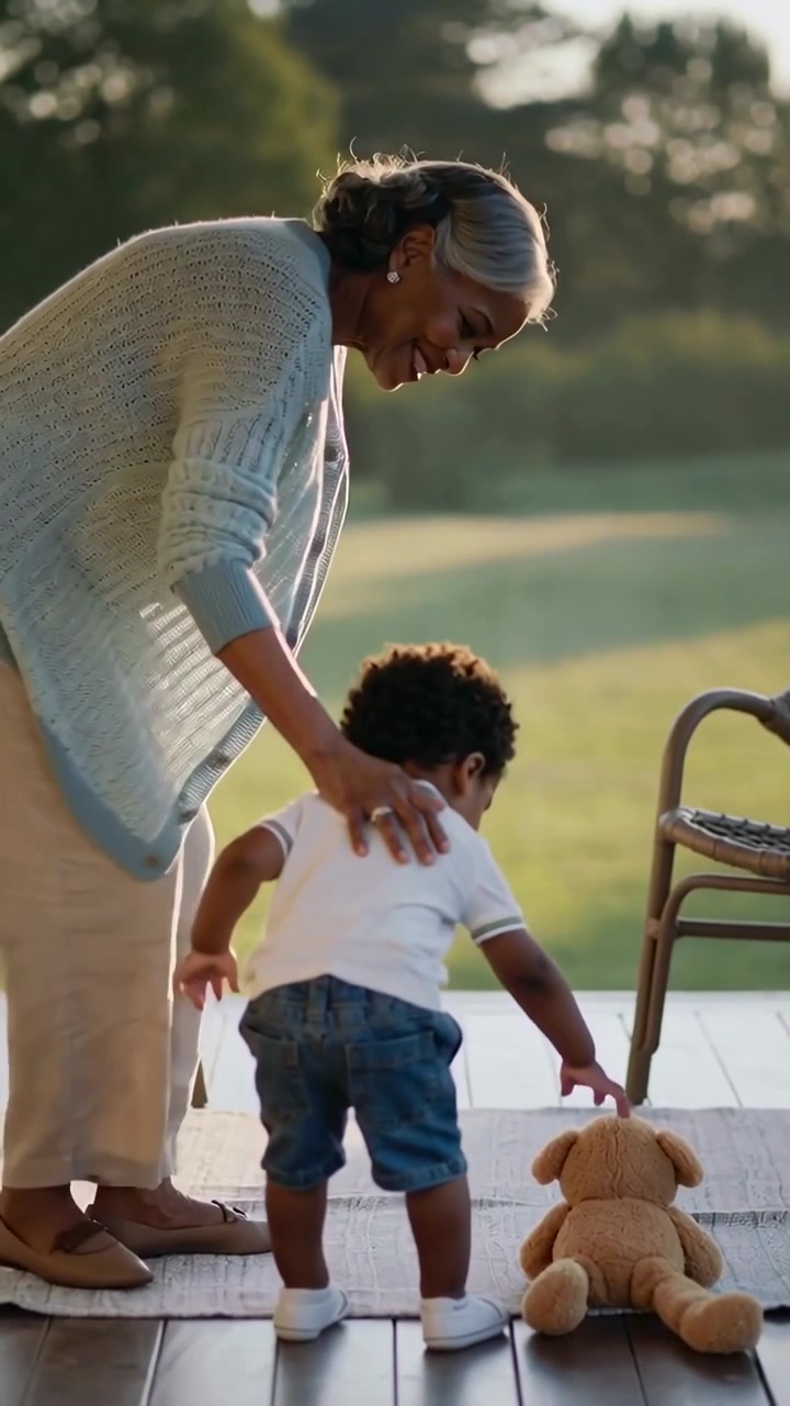 Vertical video: Calling woman in cardigan guiding toddler taking steps toward teddy on porch rug