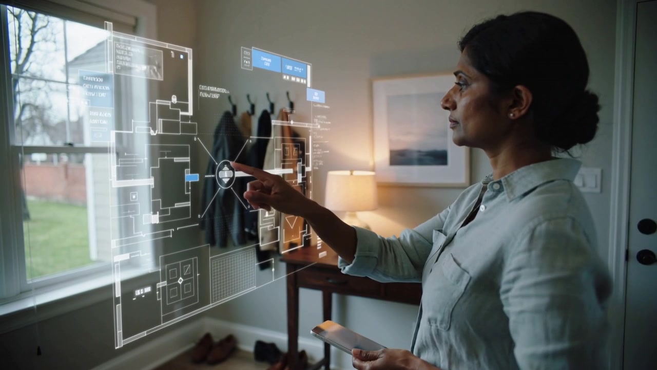 Tapping tablet, woman in shirt activating AR plan editing layout in foyer with phone, copy space