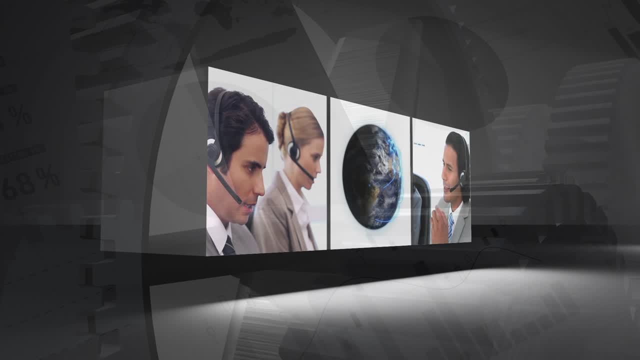 Animation of data processing over diverse business people talking on phoneset