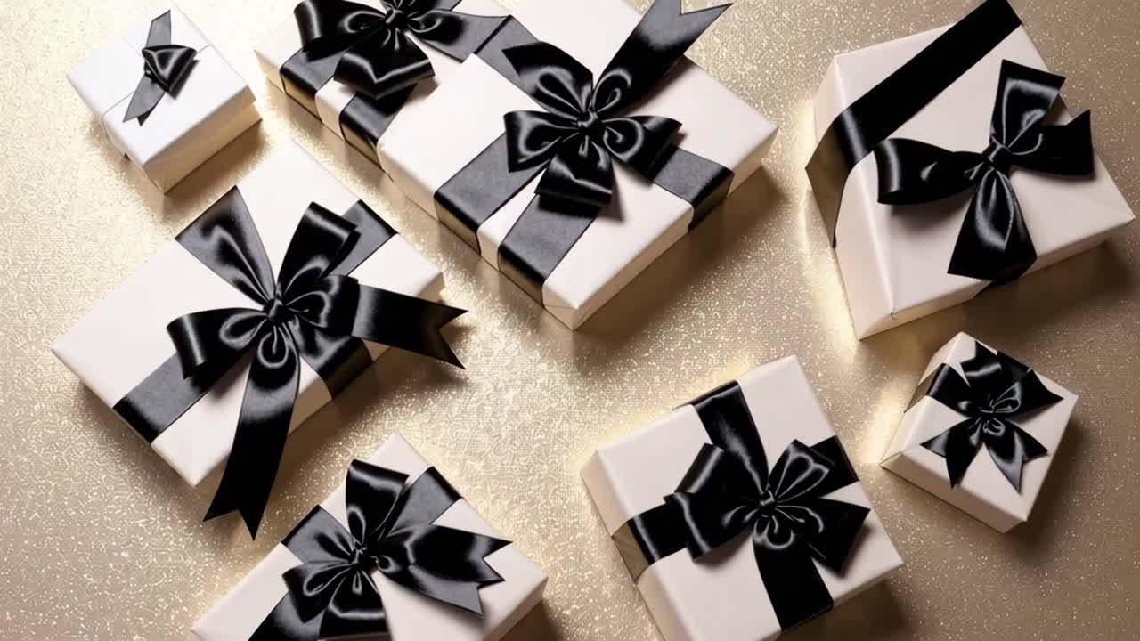 Elegant White Gift Boxes with Black Ribbons on Gold Background