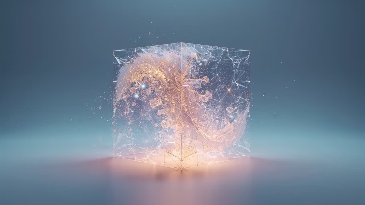 Swirling filament plume inside glass cube growing then suddenly dispersing into white cloud, studio