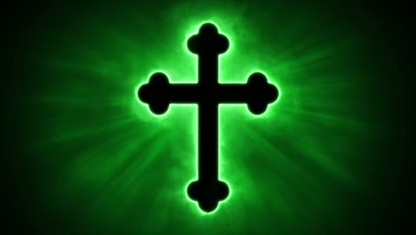 Uplifting-and-deeply-inspiring-reveal-animation-of-an-ornate-and-holy-green-Christian-crucifix-cross,-in-a-smoky-mystical-glow-and-emating-shining-God-rays-and-light-beams,-on-a-black-background